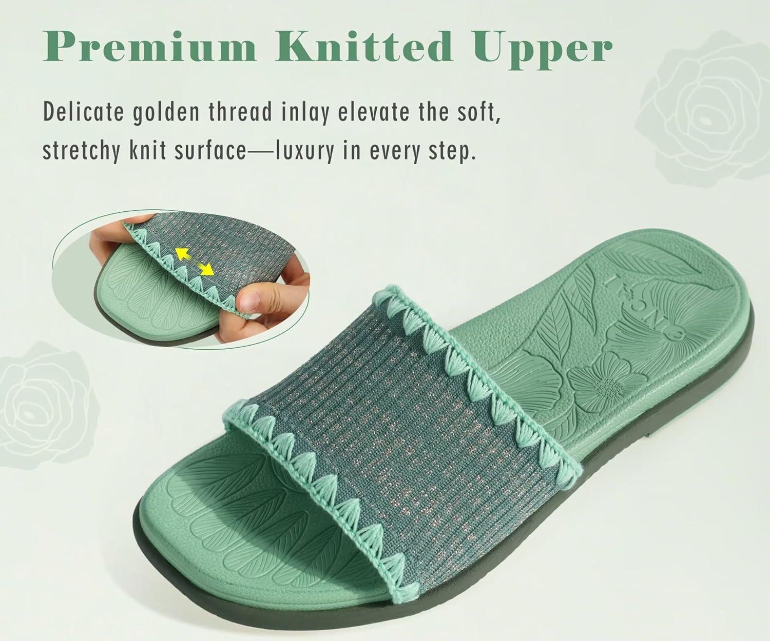 image:imageONCAI Womens Flat Slides Sandals Soft Knitted with Golden Thread Inlay Summer Vacation Walking Sandalias Mujer with Outdoor Rubber Soles US Size 611Green