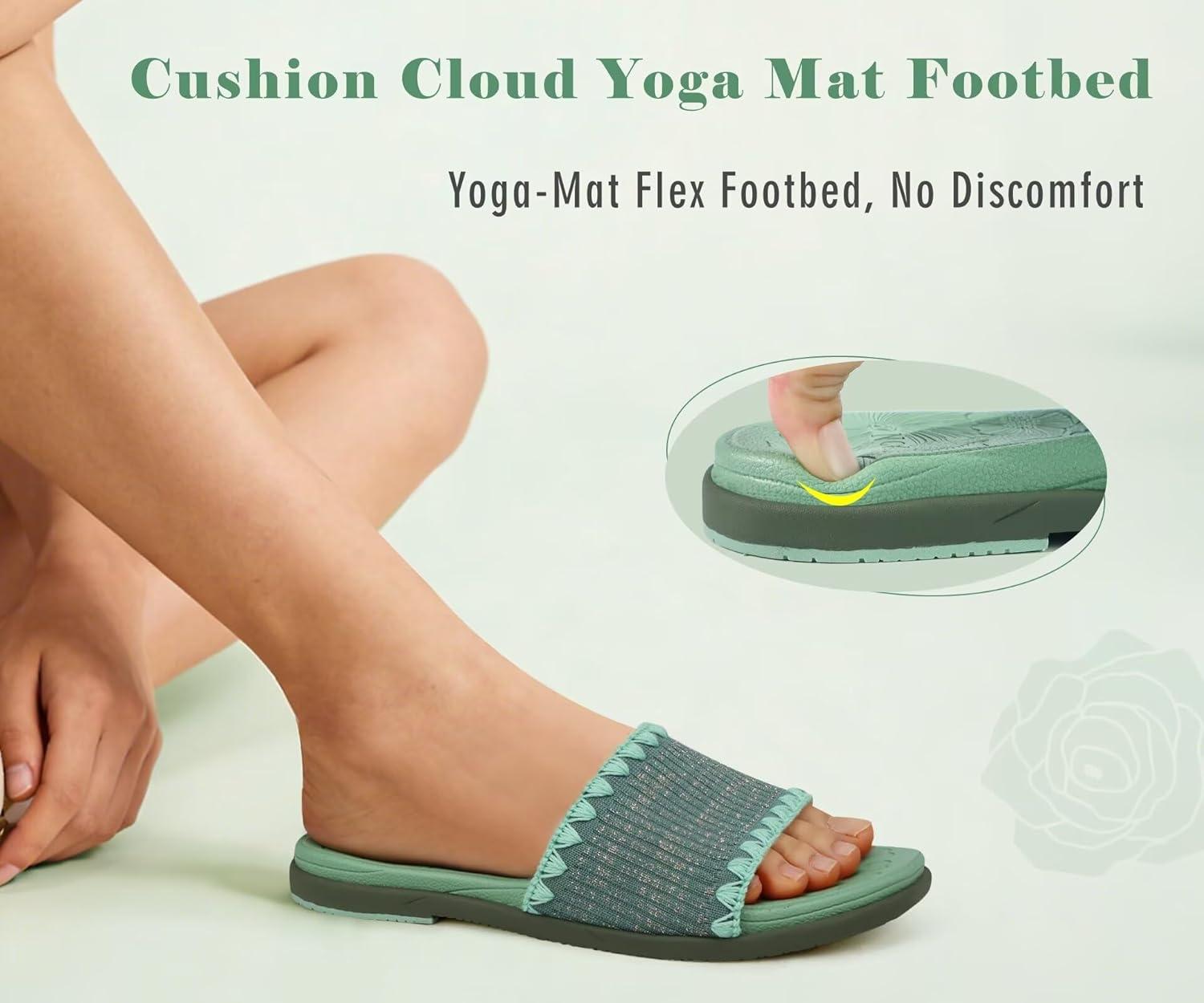 image:imageONCAI Womens Flat Slides Sandals Soft Knitted with Golden Thread Inlay Summer Vacation Walking Sandalias Mujer with Outdoor Rubber Soles US Size 611Green