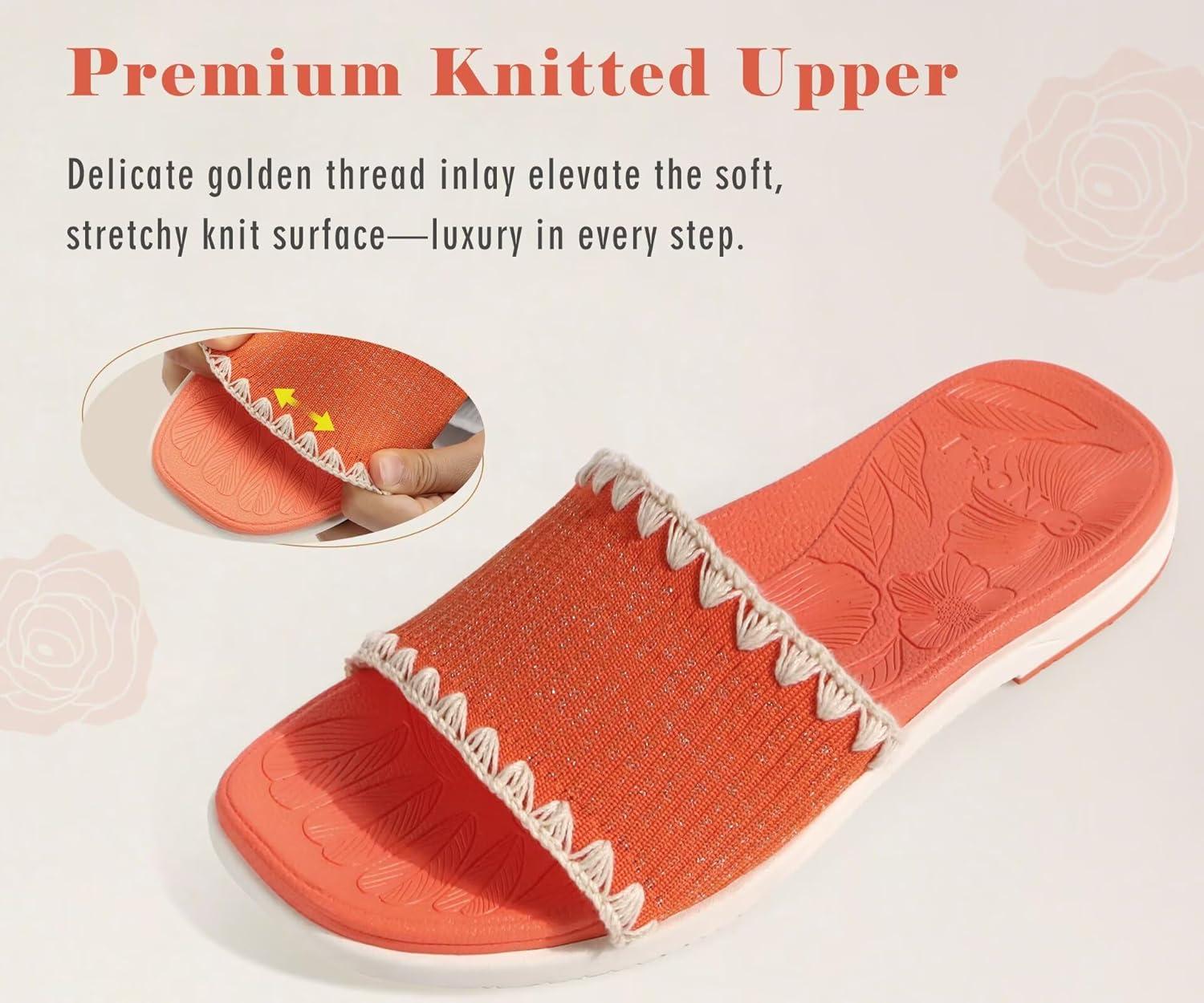 image:imageONCAI Womens Flat Slides Sandals Soft Knitted with Golden Thread Inlay Summer Vacation Walking Sandalias Mujer with Outdoor Rubber Soles US Size 611OrangeWhite