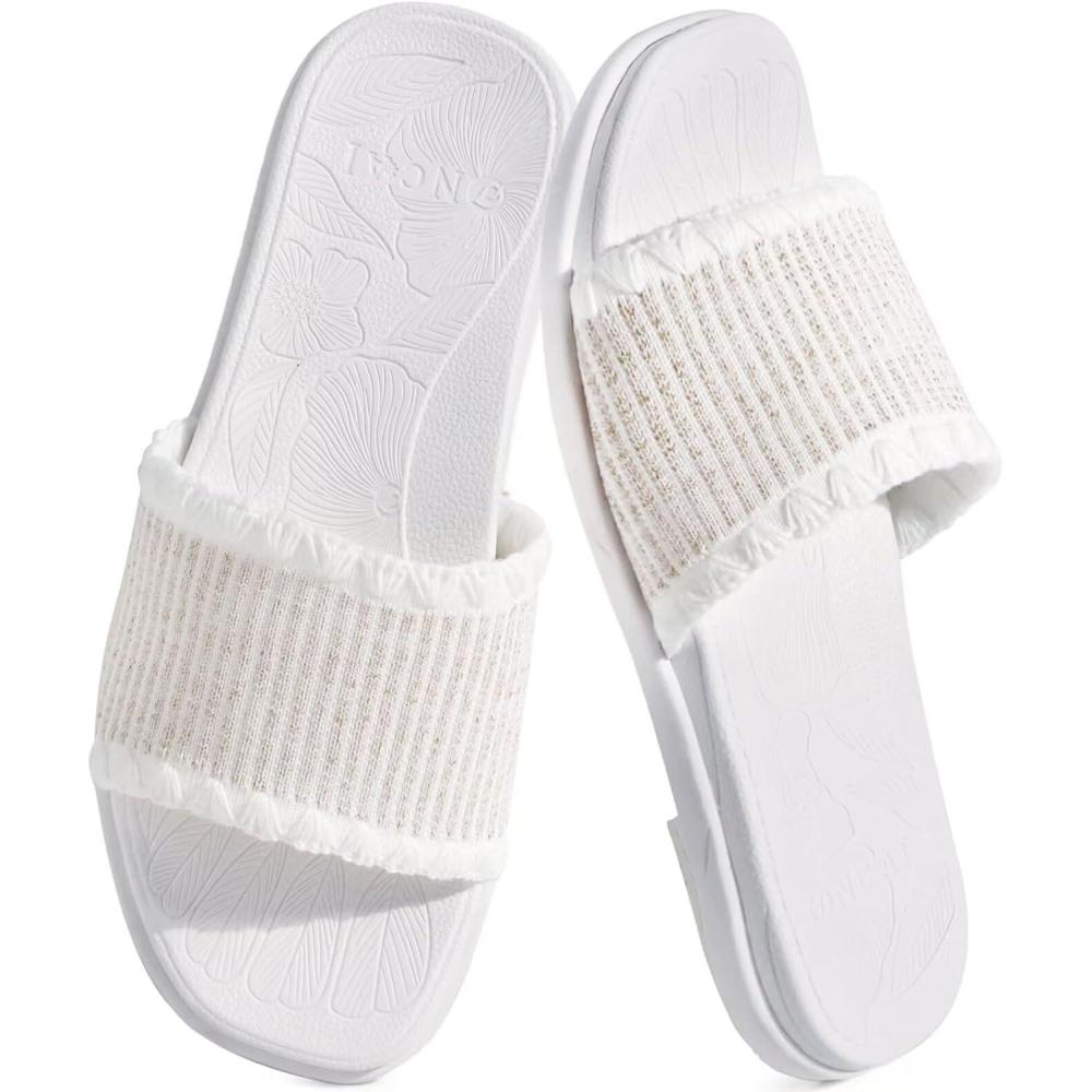 image:imageONCAI Womens Flat Slides Sandals Soft Knitted with Golden Thread Inlay Summer Vacation Walking Sandalias Mujer with Outdoor Rubber Soles US Size 611All White