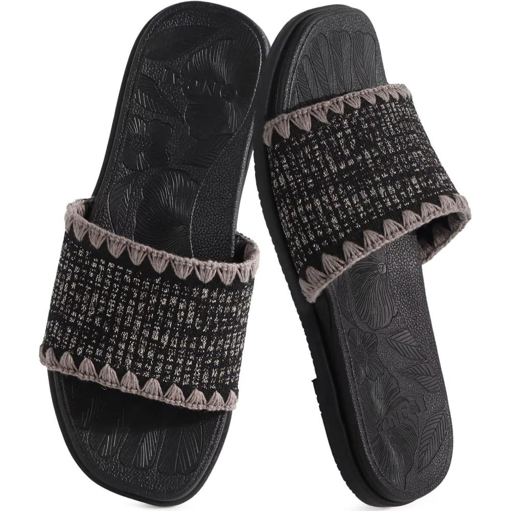 image:imageONCAI Womens Flat Slides Sandals Soft Knitted with Golden Thread Inlay Summer Vacation Walking Sandalias Mujer with Outdoor Rubber Soles US Size 611Black