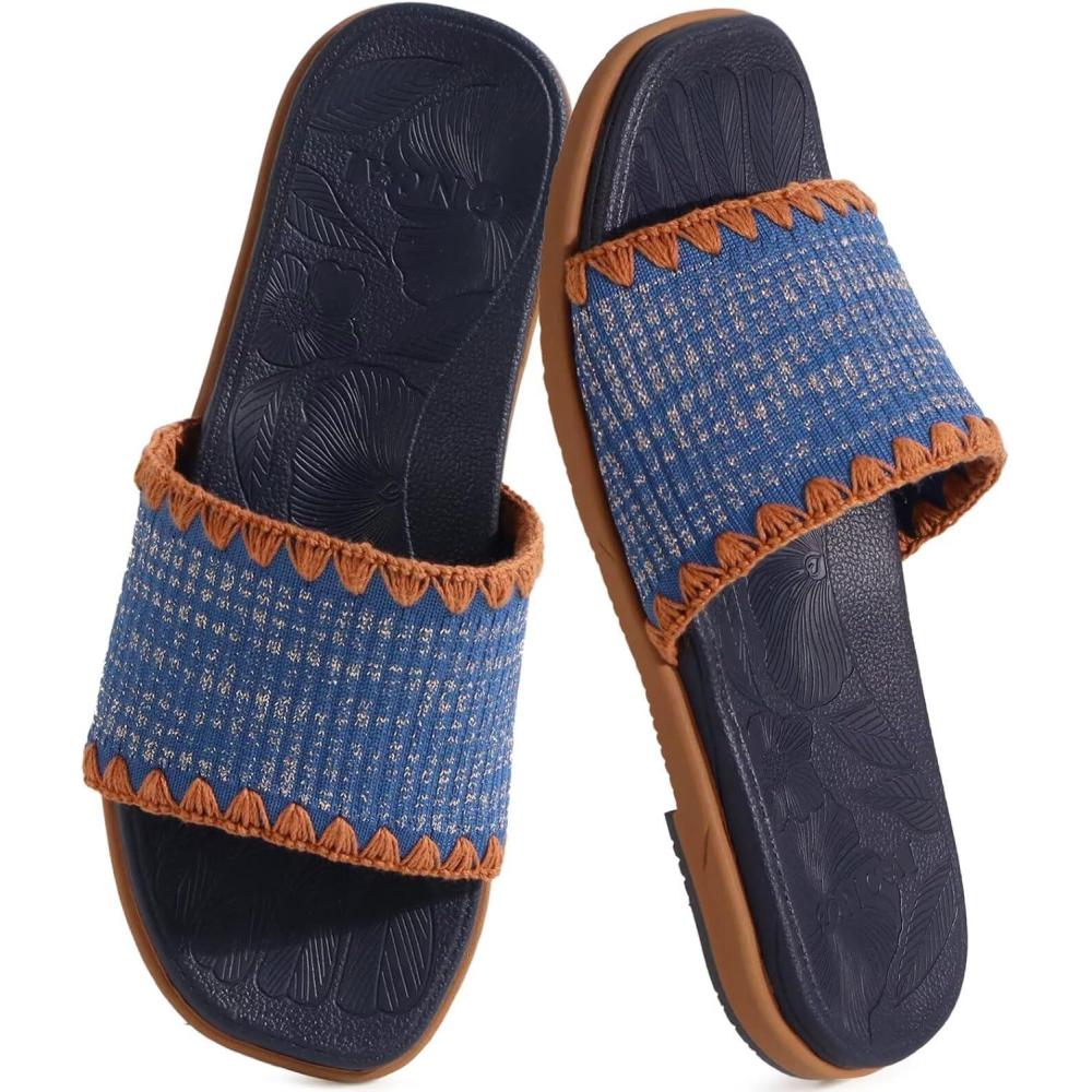 image:imageONCAI Womens Flat Slides Sandals Soft Knitted with Golden Thread Inlay Summer Vacation Walking Sandalias Mujer with Outdoor Rubber Soles US Size 611BlueKhaki