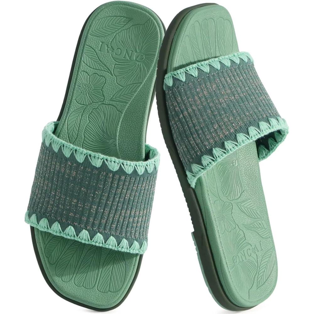 image:imageONCAI Womens Flat Slides Sandals Soft Knitted with Golden Thread Inlay Summer Vacation Walking Sandalias Mujer with Outdoor Rubber Soles US Size 611Green