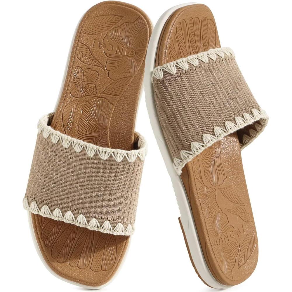 image:imageONCAI Womens Flat Slides Sandals Soft Knitted with Golden Thread Inlay Summer Vacation Walking Sandalias Mujer with Outdoor Rubber Soles US Size 611KhakiWhite
