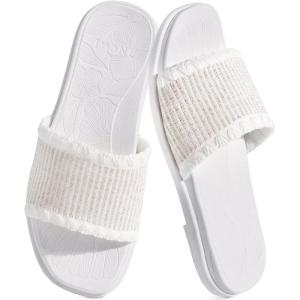 ONCAI Women’s Flat Slides Sandals Soft Knitted with Golden Thread Inlay Summer Vacation Walking Sandalias Mujer with Outdoor Rubber Soles US Size 6-11(All White)