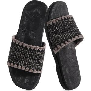 ONCAI Women’s Flat Slides Sandals Soft Knitted with Golden Thread Inlay Summer Vacation Walking Sandalias Mujer with Outdoor Rubber Soles US Size 6-11(Black)