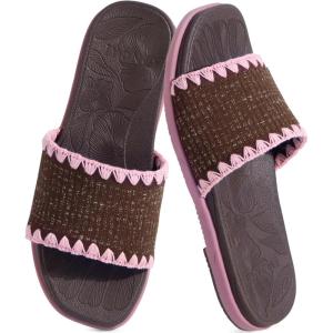 ONCAI Women’s Flat Slides Sandals Soft Knitted with Golden Thread Inlay Summer Vacation Walking Sandalias Mujer with Outdoor Rubber Soles US Size 6-11(Brown/Pink)
