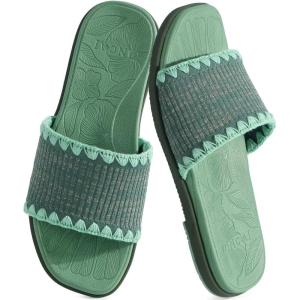 ONCAI Women’s Flat Slides Sandals Soft Knitted with Golden Thread Inlay Summer Vacation Walking Sandalias Mujer with Outdoor Rubber Soles US Size 6-11(Green)