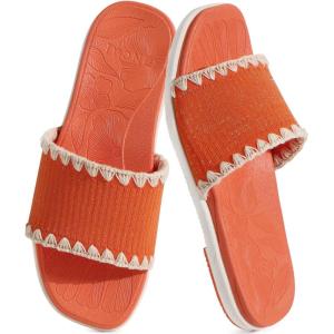ONCAI Women’s Flat Slides Sandals Soft Knitted with Golden Thread Inlay Summer Vacation Walking Sandalias Mujer with Outdoor Rubber Soles US Size 6-11(Orange/White)