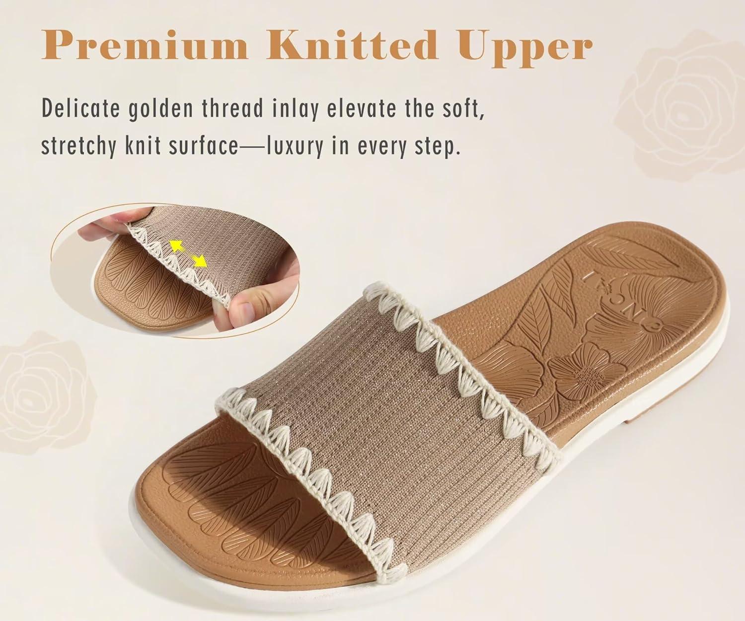 image:imageONCAI Womens Flat Slides Sandals Soft Knitted with Golden Thread Inlay Summer Vacation Walking Sandalias Mujer with Outdoor Rubber Soles US Size 611Beige KhakiWhite