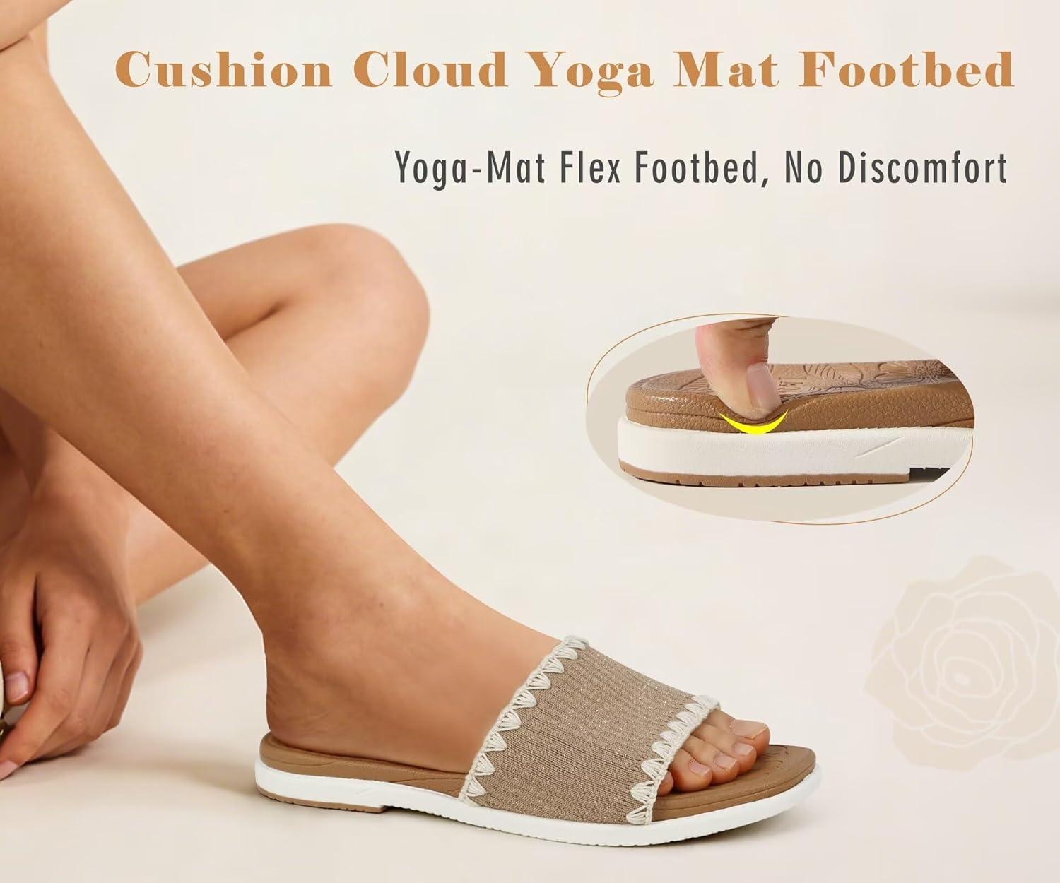 image:imageONCAI Womens Flat Slides Sandals Soft Knitted with Golden Thread Inlay Summer Vacation Walking Sandalias Mujer with Outdoor Rubber Soles US Size 611Beige KhakiWhite