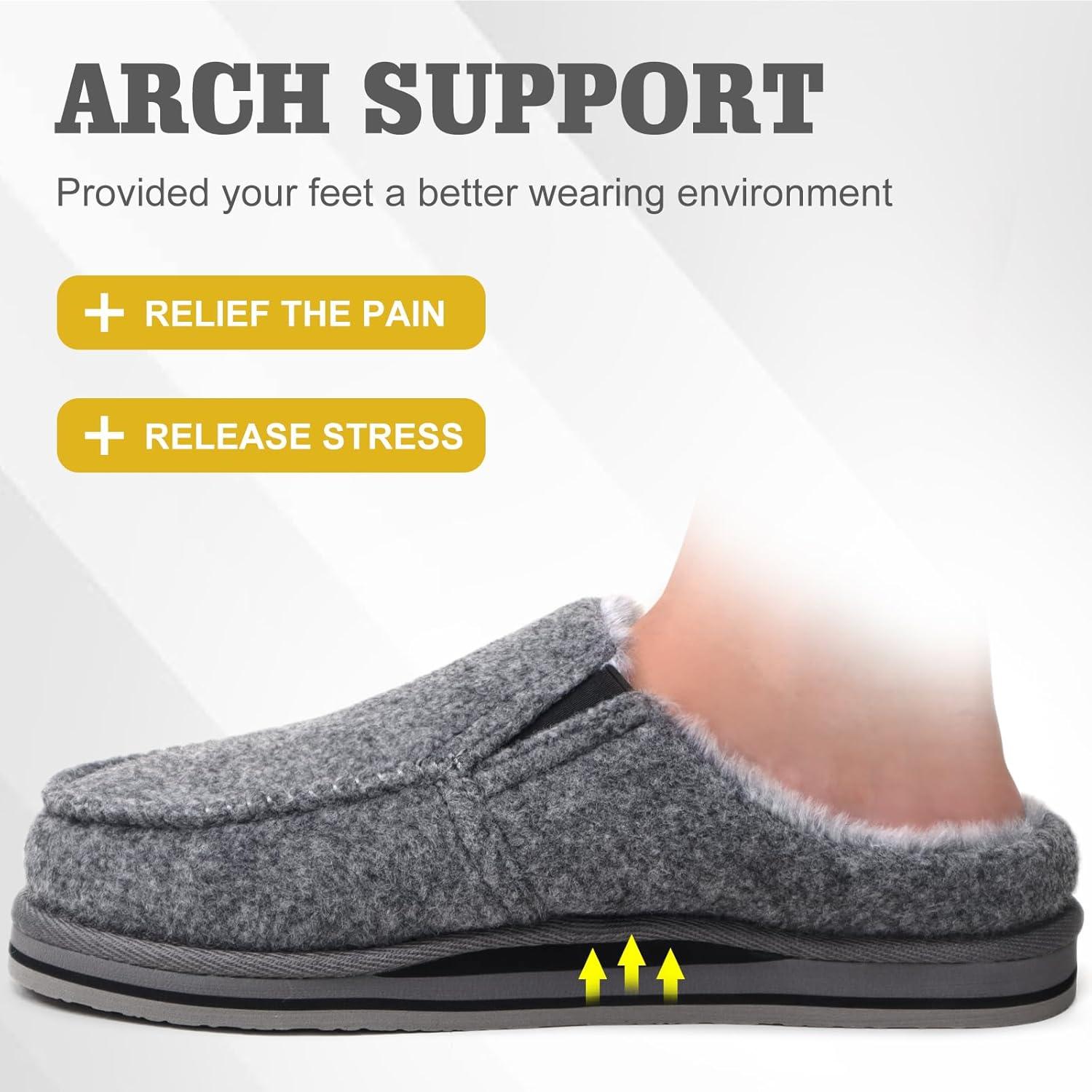 image:imageONCAI Mens Slippers with Orthotic Arch SupportHouse Slippers CottonBlend HighDensity Memory Foam Comfort Plantar Fasciitis Warm Slipon Indoor Outdoor Rubber Sole Felt US Size 716Fur Felt Grey