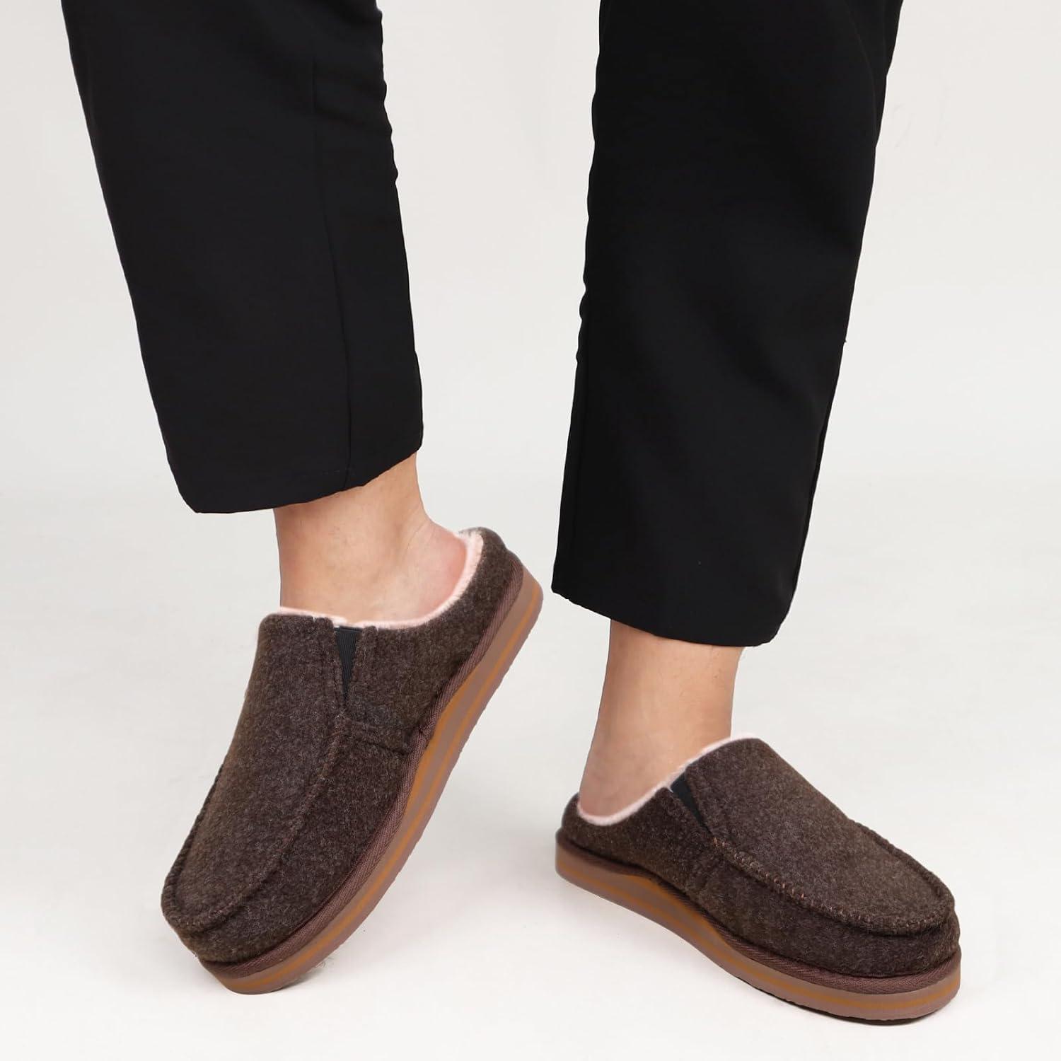 image:imageONCAI Mens Slippers with Orthotic Arch SupportHouse Slippers CottonBlend HighDensity Memory Foam Comfort Plantar Fasciitis Warm Slipon Indoor Outdoor Rubber Sole Felt US Size 716Fur Felt Brown