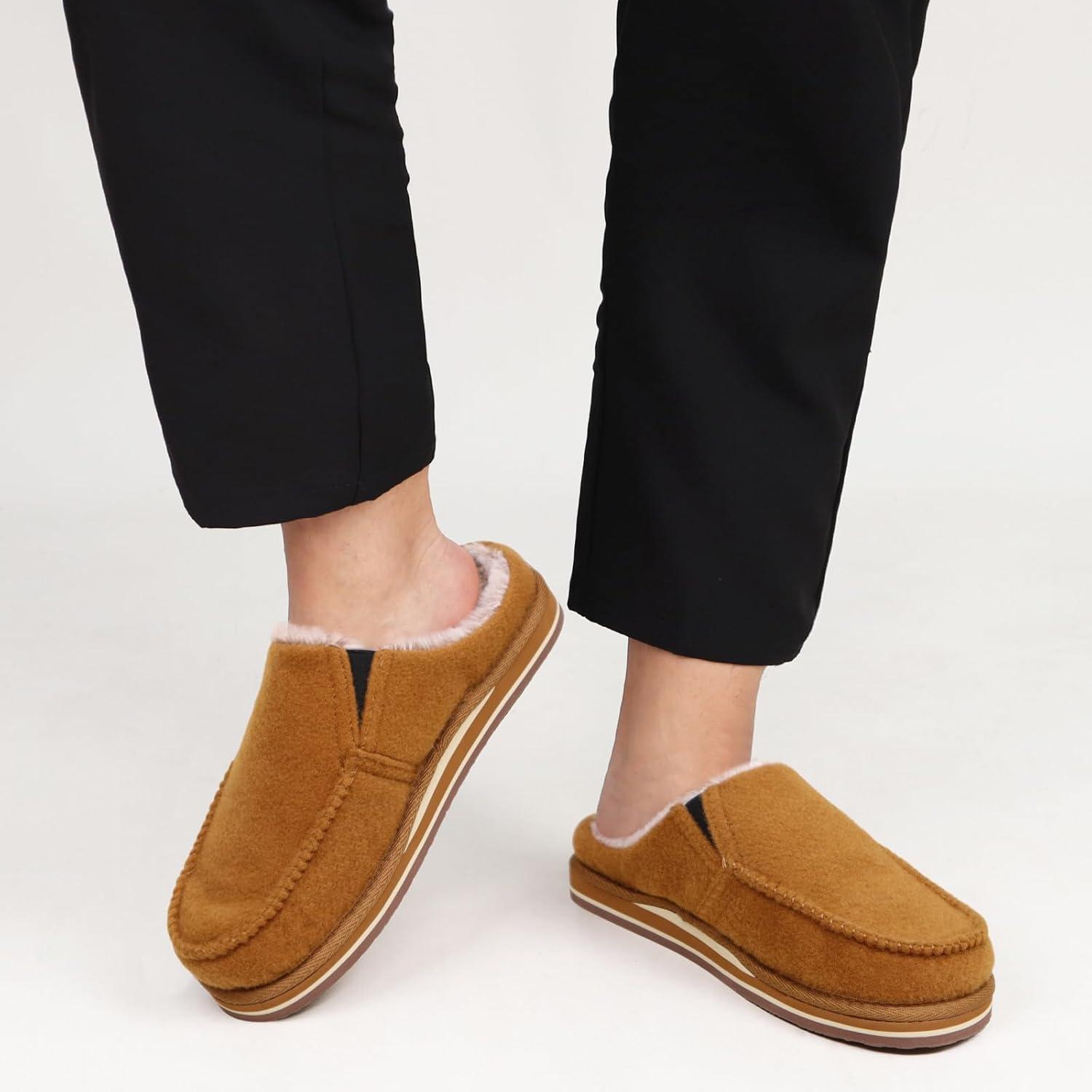 image:imageONCAI Mens Slippers with Orthotic Arch SupportHouse Slippers CottonBlend HighDensity Memory Foam Comfort Plantar Fasciitis Warm Slipon Indoor Outdoor Rubber Sole Felt US Size 716Fur Felt Khaki