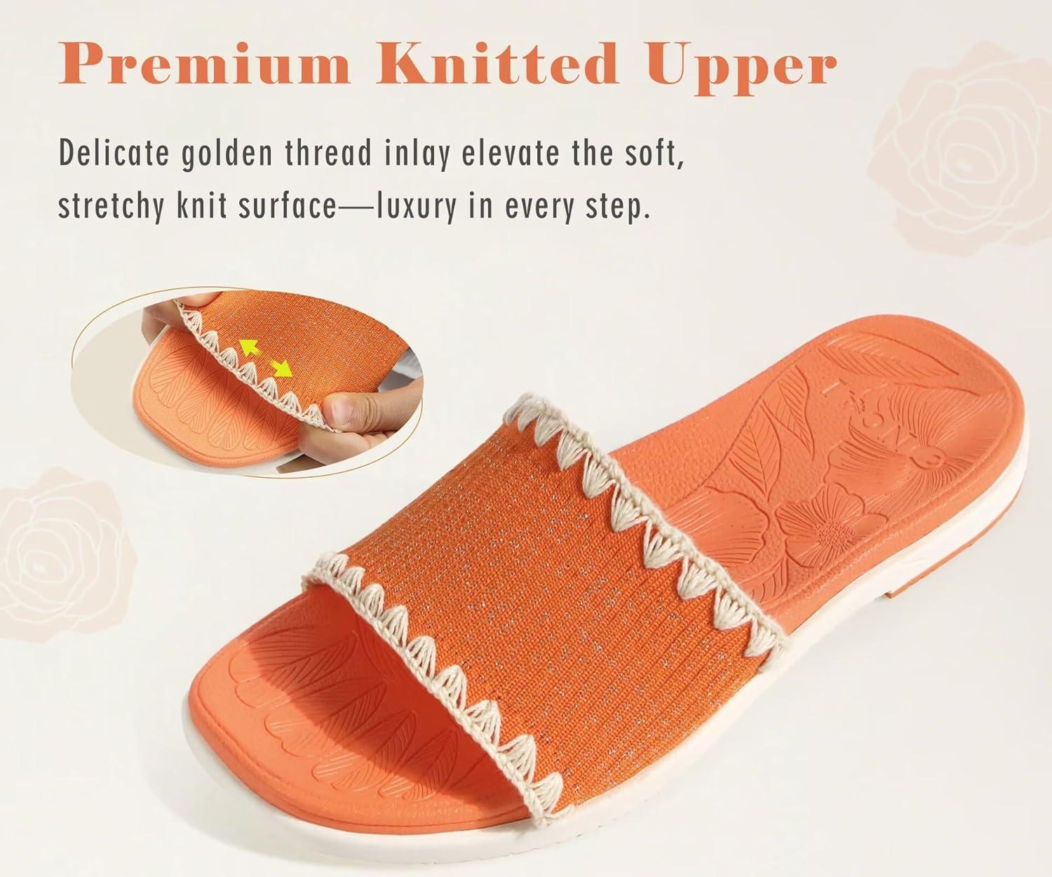 image:imageONCAI Womens Flat Slides Sandals Soft Knitted with Golden Thread Inlay Summer Vacation Walking Sandalias Mujer with Outdoor Rubber Soles US Size 611Carrot OrangeWhite