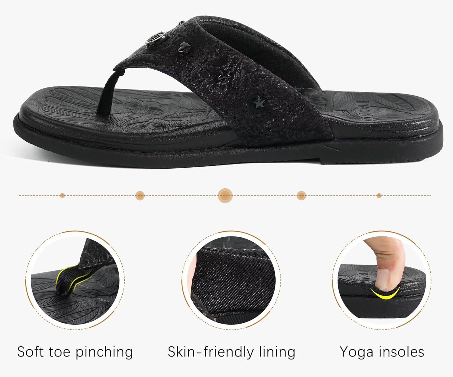 image:imageONCAI Womens Flat Studded Flip Flops Summer Beach Trendy Dressy Walking Sandals with Outdoor Rubber Sole US Size 611Black