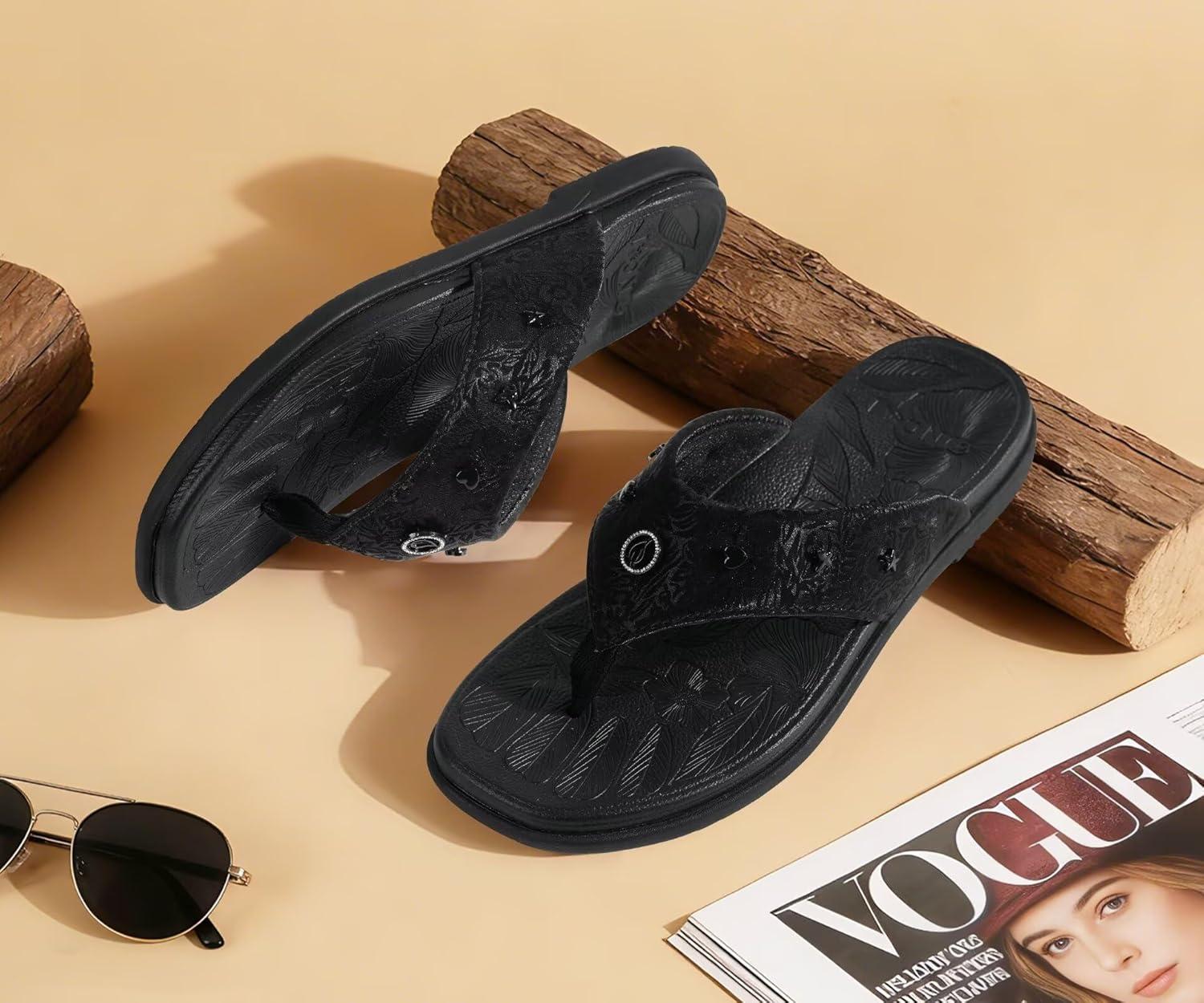 image:imageONCAI Womens Flat Studded Flip Flops Summer Beach Trendy Dressy Walking Sandals with Outdoor Rubber Sole US Size 611Black