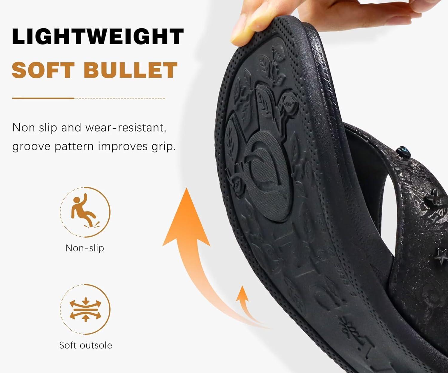 image:imageONCAI Womens Flat Studded Flip Flops Summer Beach Trendy Dressy Walking Sandals with Outdoor Rubber Sole US Size 611Black
