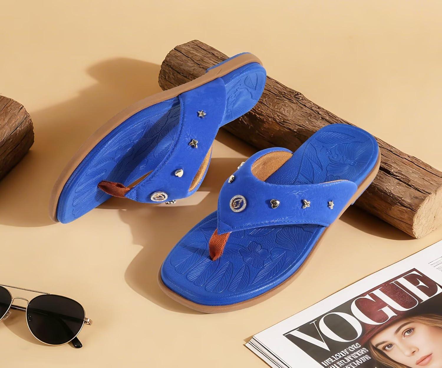 image:imageONCAI Womens Flat Studded Flip Flops Summer Beach Trendy Dressy Walking Sandals with Outdoor Rubber Sole US Size 611Indigo