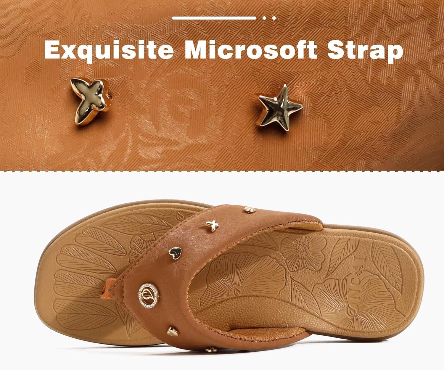 image:imageONCAI Womens Flat Studded Flip Flops Summer Beach Trendy Dressy Walking Sandals with Outdoor Rubber Sole US Size 611Khaki