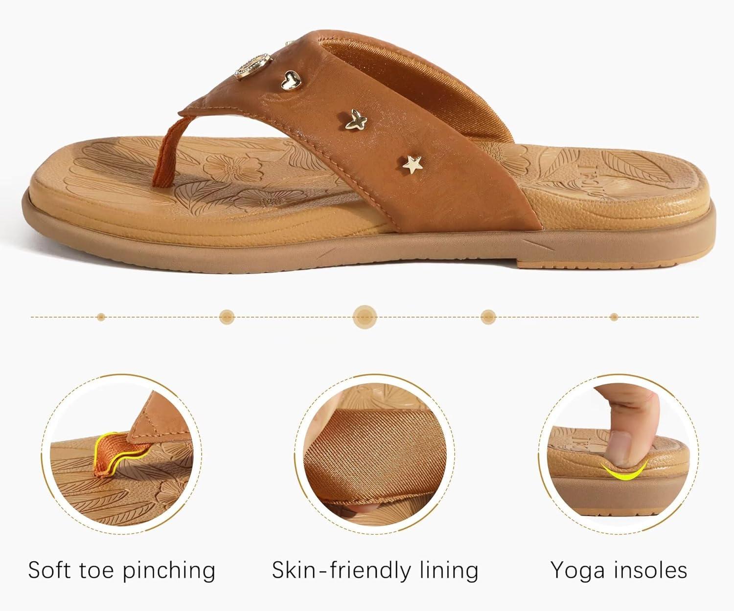 image:imageONCAI Womens Flat Studded Flip Flops Summer Beach Trendy Dressy Walking Sandals with Outdoor Rubber Sole US Size 611Khaki