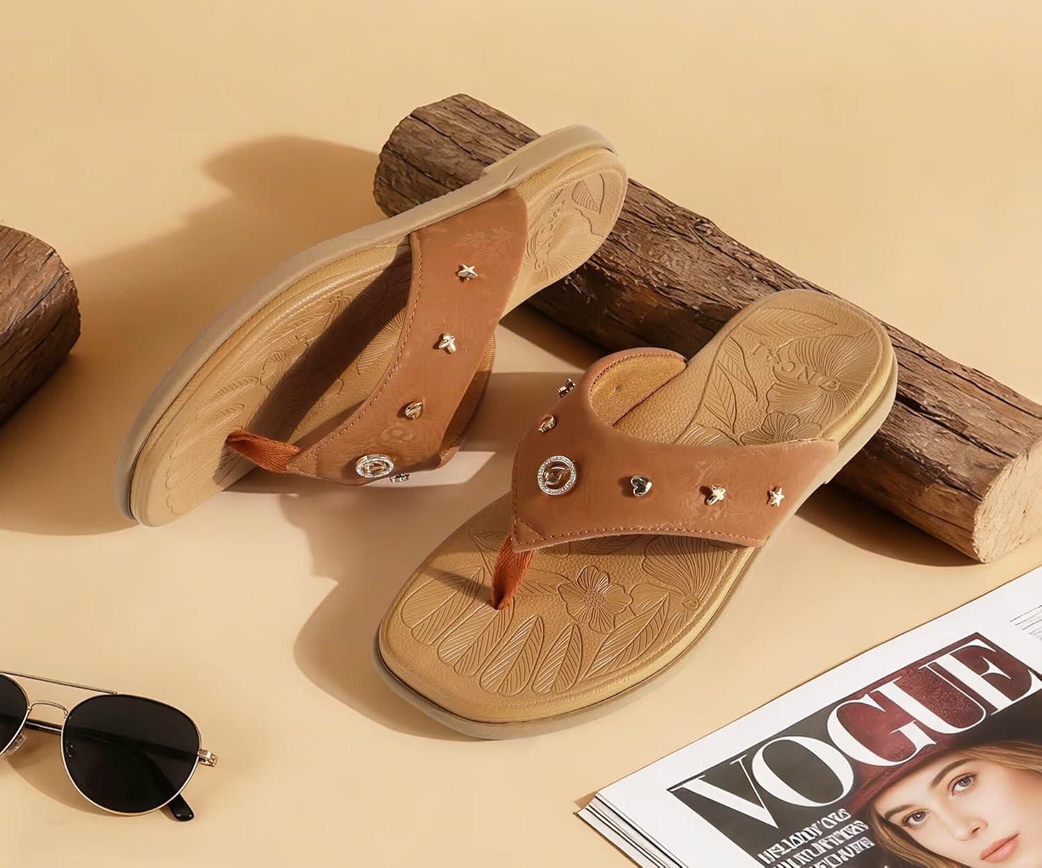 image:imageONCAI Womens Flat Studded Flip Flops Summer Beach Trendy Dressy Walking Sandals with Outdoor Rubber Sole US Size 611Khaki