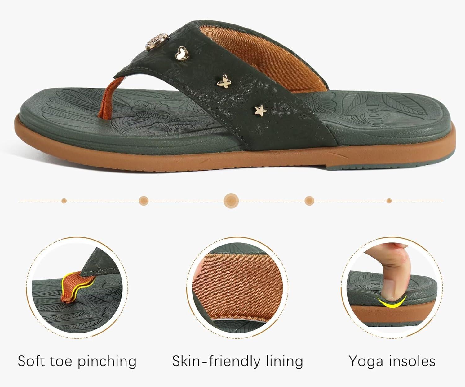 image:imageONCAI Womens Flat Studded Flip Flops Summer Beach Trendy Dressy Walking Sandals with Outdoor Rubber Sole US Size 611Sage Green
