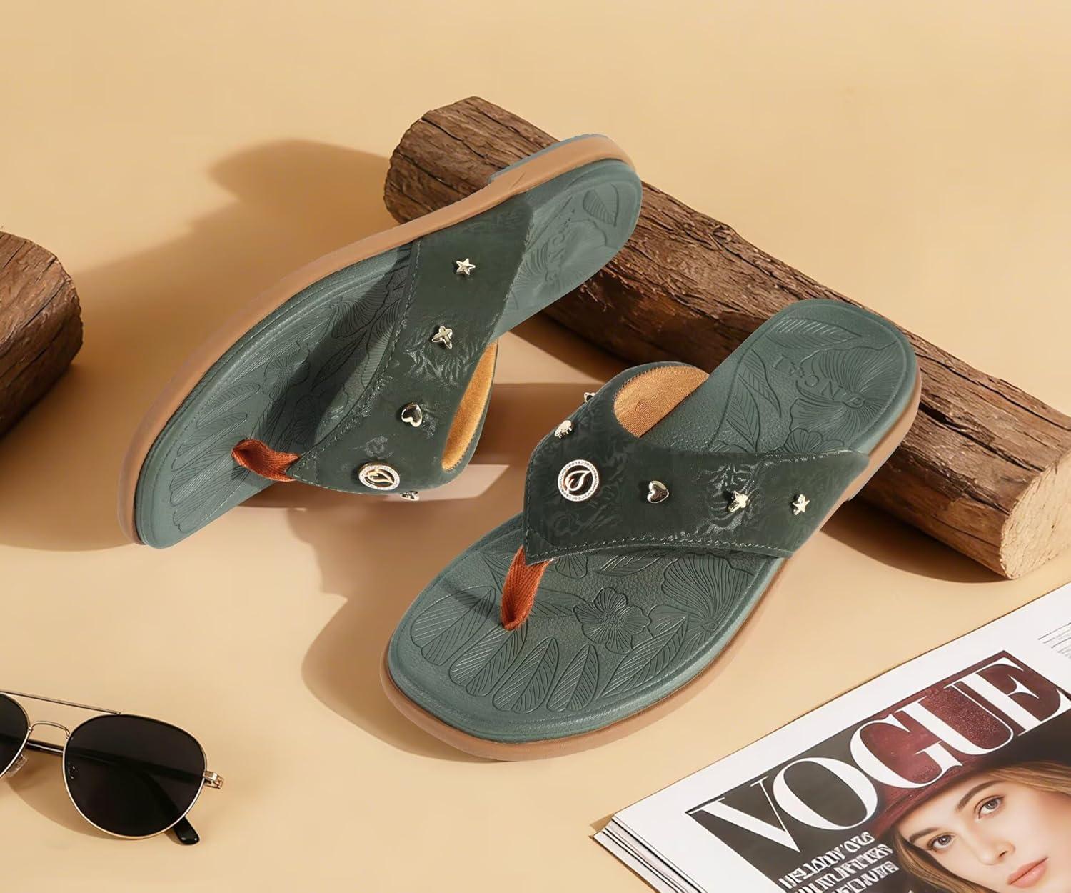 image:imageONCAI Womens Flat Studded Flip Flops Summer Beach Trendy Dressy Walking Sandals with Outdoor Rubber Sole US Size 611Sage Green