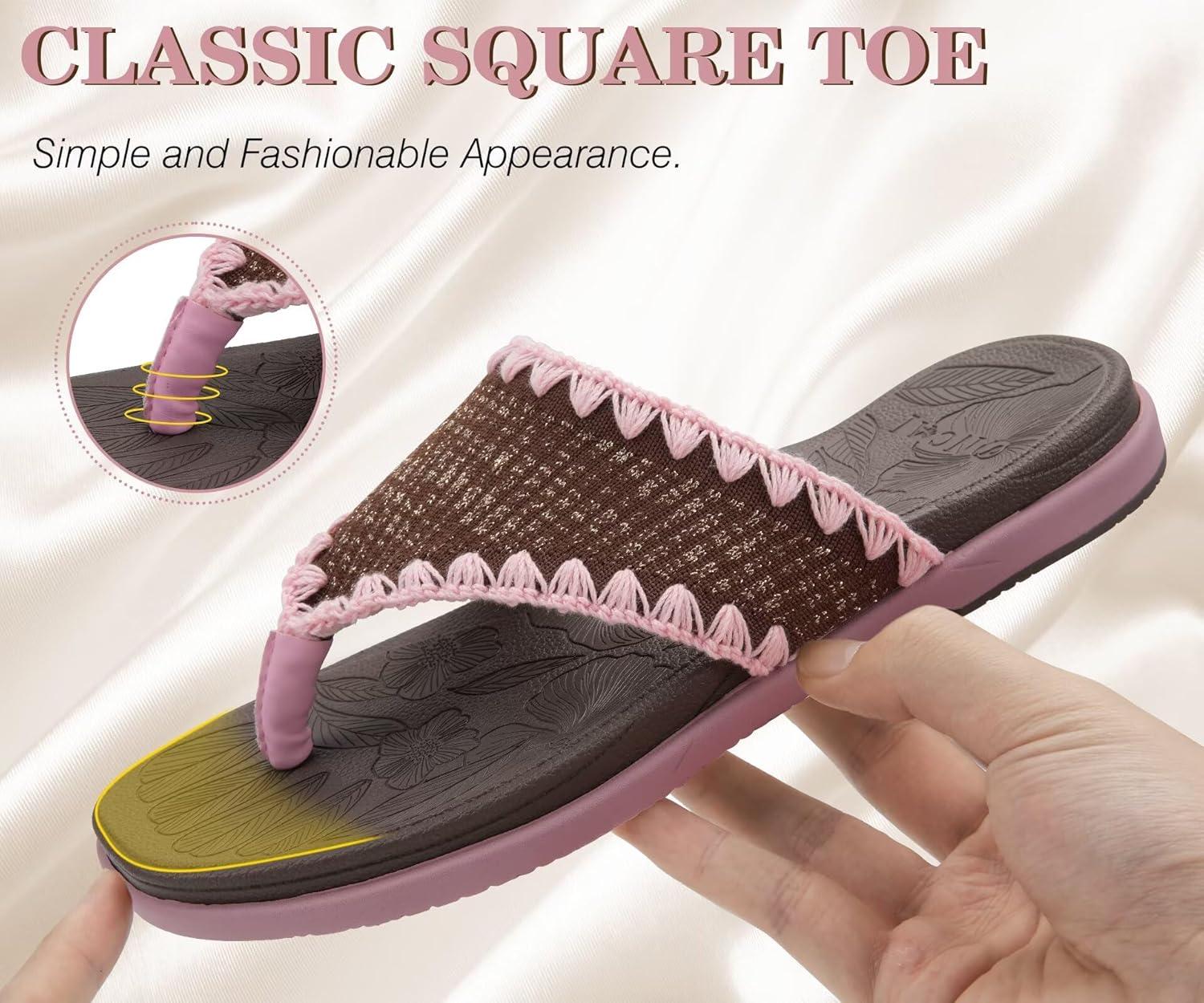 image:imageONCAI Womens Flip Flops Classic Square Toe Yoga Mat Flat Dressy Summer Beach Slide Sandals for Woman Walking Fashion Comfort Ladies Thong Sandal Soft Cushion Rubber Sole Size US 611BrownPink