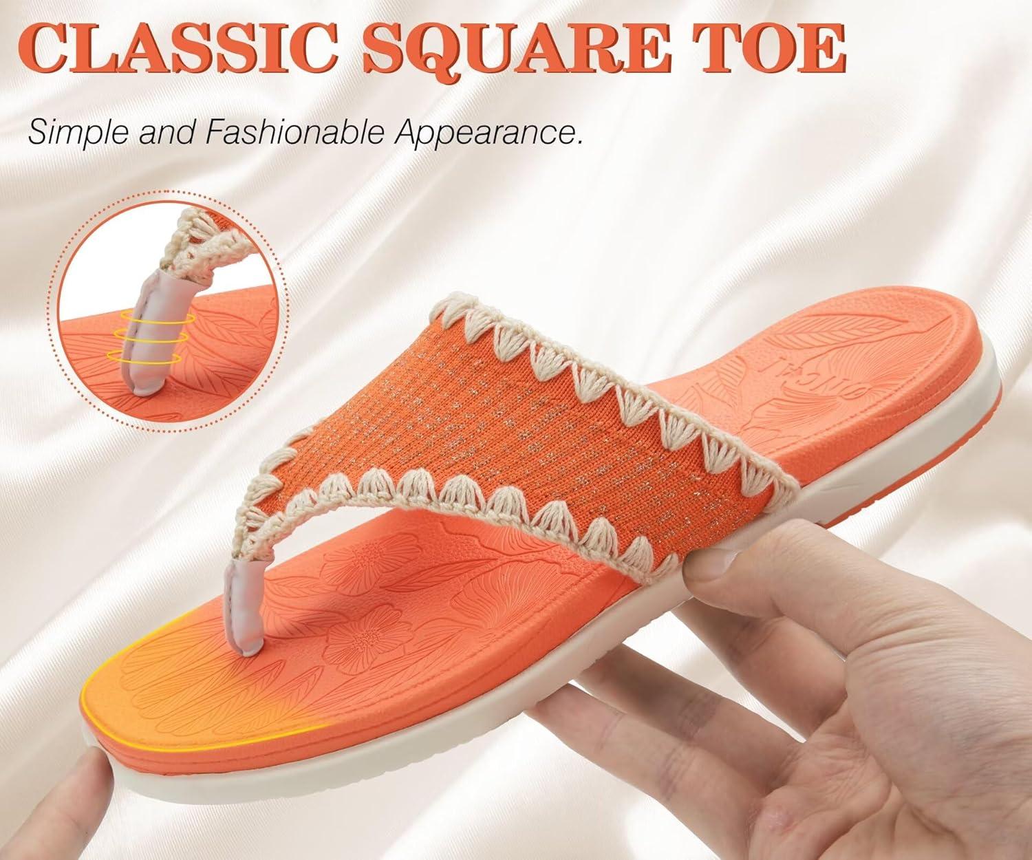 image:imageONCAI Womens Flip Flops Classic Square Toe Yoga Mat Flat Dressy Summer Beach Slide Sandals for Woman Walking Fashion Comfort Ladies Thong Sandal Soft Cushion Rubber Sole Size US 611OrangeWhite