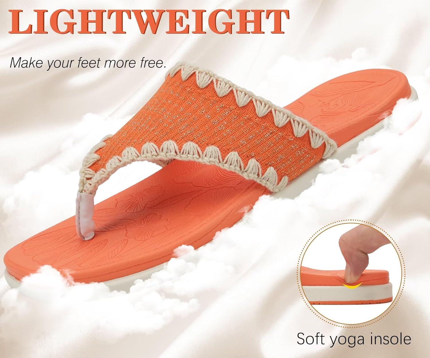 image:imageONCAI Womens Flip Flops Classic Square Toe Yoga Mat Flat Dressy Summer Beach Slide Sandals for Woman Walking Fashion Comfort Ladies Thong Sandal Soft Cushion Rubber Sole Size US 611OrangeWhite
