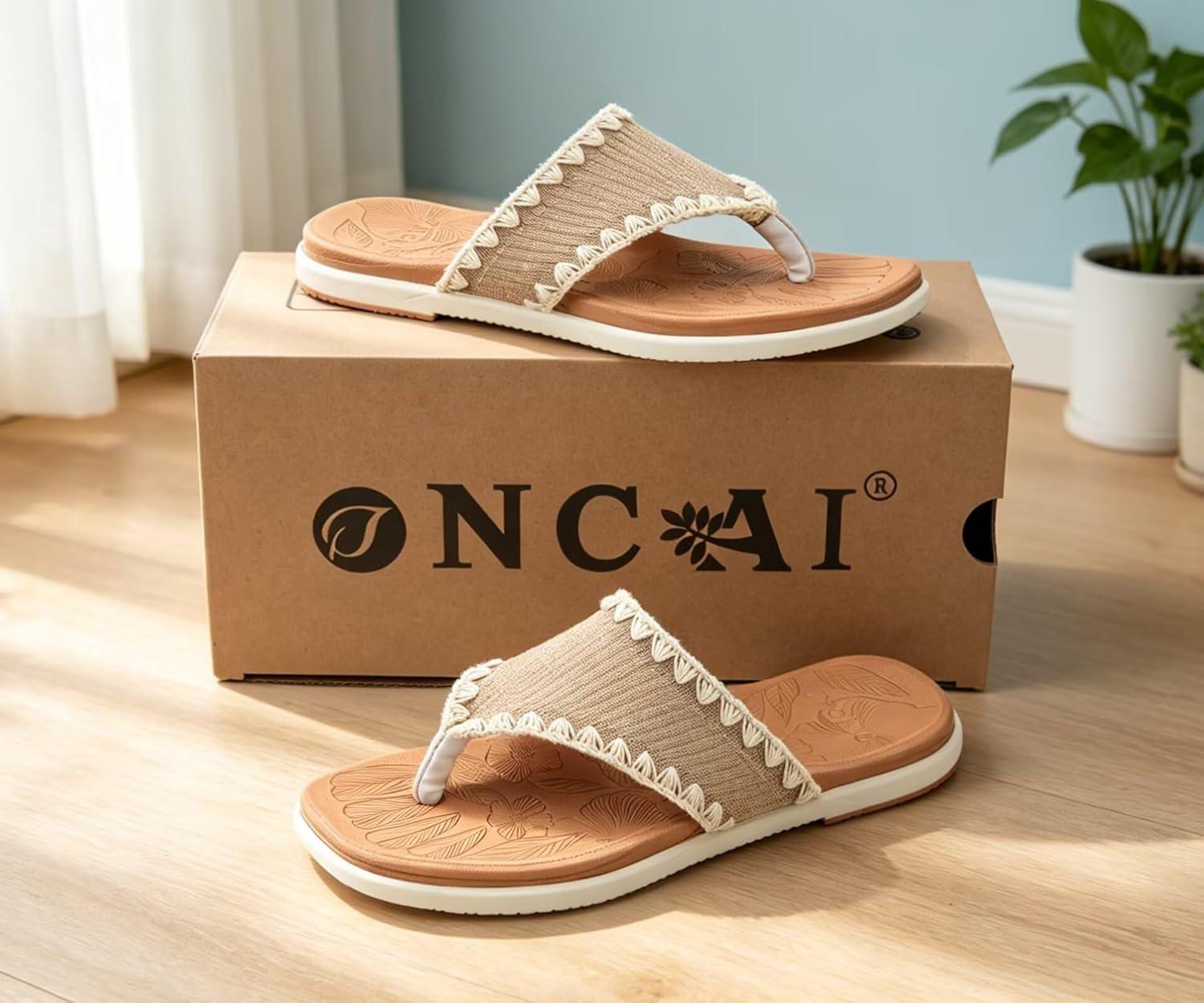 image:imageONCAI Womens Flip Flops Classic Square Toe Yoga Mat Flat Dressy Summer Beach Slide Sandals for Woman Walking Fashion Comfort Ladies Thong Sandal Soft Cushion Rubber Sole Size US 611KhakiWhite