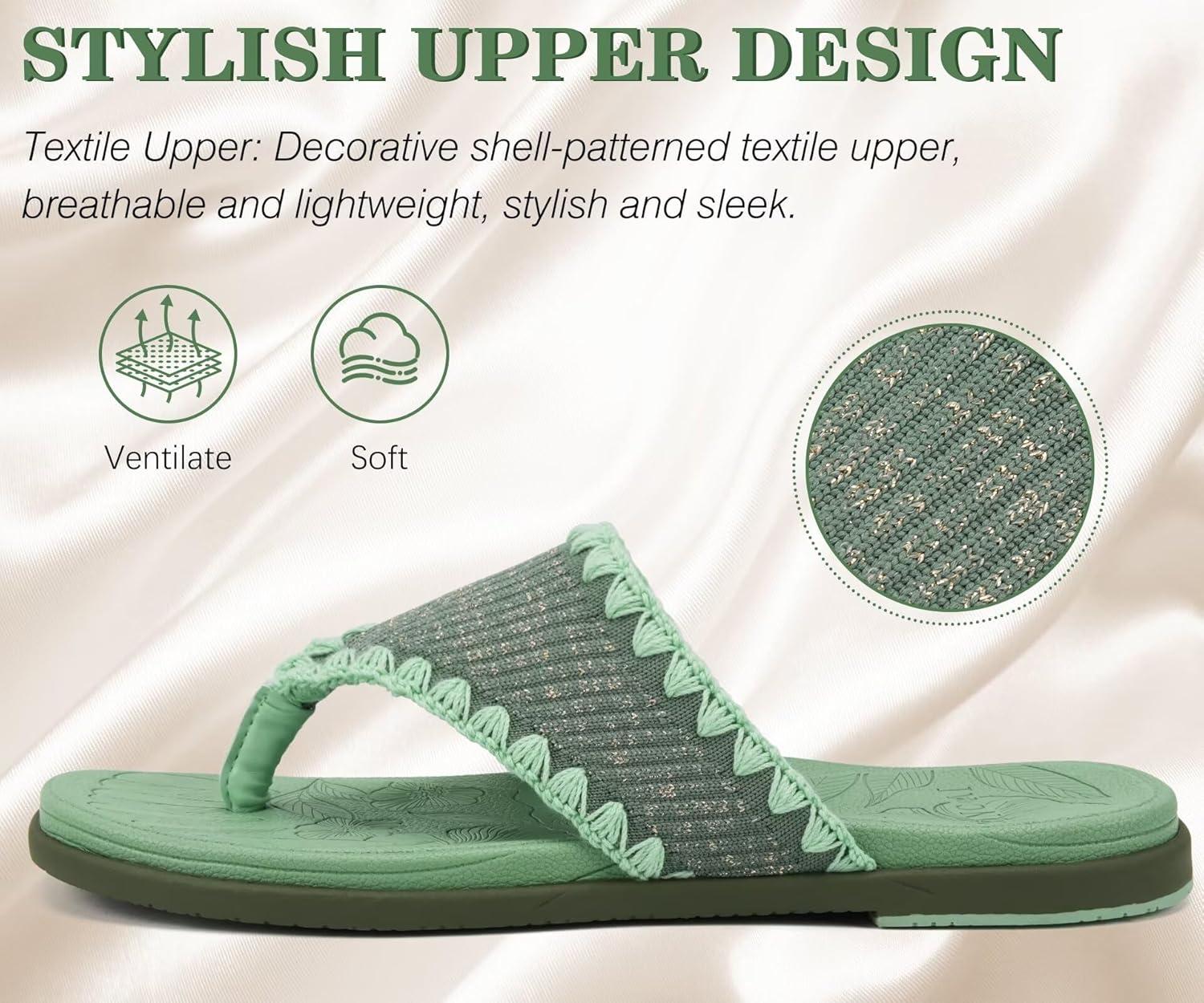 image:imageONCAI Womens Flip Flops Classic Square Toe Yoga Mat Flat Dressy Summer Beach Slide Sandals for Woman Walking Fashion Comfort Ladies Thong Sandal Soft Cushion Rubber Sole Size US 611Green