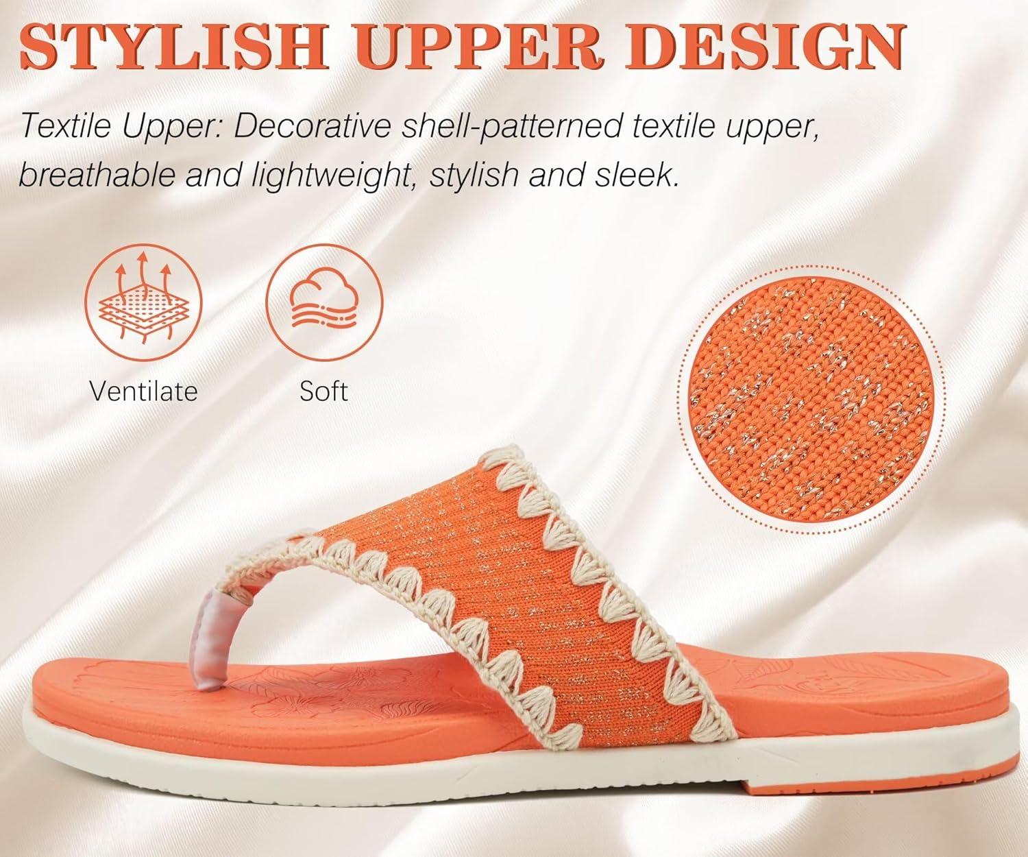 image:imageONCAI Womens Flip Flops Classic Square Toe Yoga Mat Flat Dressy Summer Beach Slide Sandals for Woman Walking Fashion Comfort Ladies Thong Sandal Soft Cushion Rubber Sole Size US 611OrangeWhite