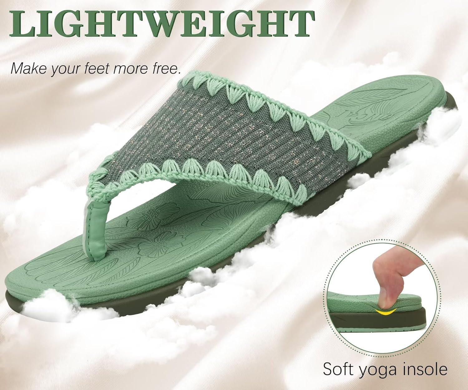 image:imageONCAI Womens Flip Flops Classic Square Toe Yoga Mat Flat Dressy Summer Beach Slide Sandals for Woman Walking Fashion Comfort Ladies Thong Sandal Soft Cushion Rubber Sole Size US 611Green