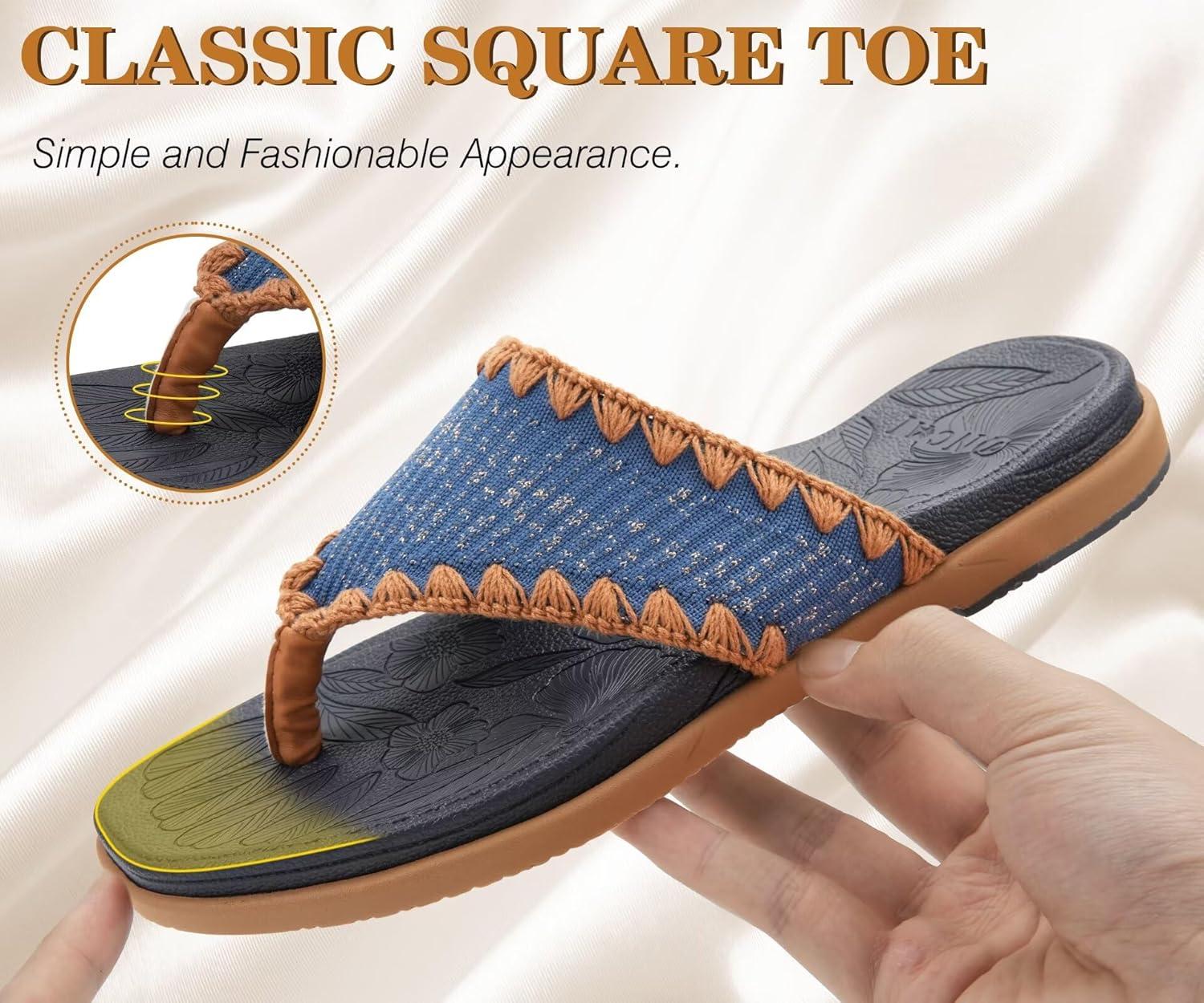 image:imageONCAI Womens Flip Flops Classic Square Toe Yoga Mat Flat Dressy Summer Beach Slide Sandals for Woman Walking Fashion Comfort Ladies Thong Sandal Soft Cushion Rubber Sole Size US 611BlueKhaki