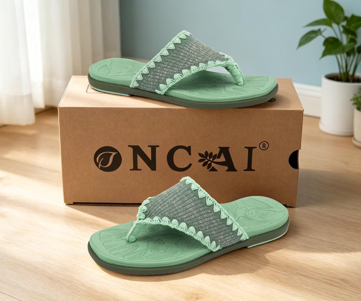 image:imageONCAI Womens Flip Flops Classic Square Toe Yoga Mat Flat Dressy Summer Beach Slide Sandals for Woman Walking Fashion Comfort Ladies Thong Sandal Soft Cushion Rubber Sole Size US 611Green