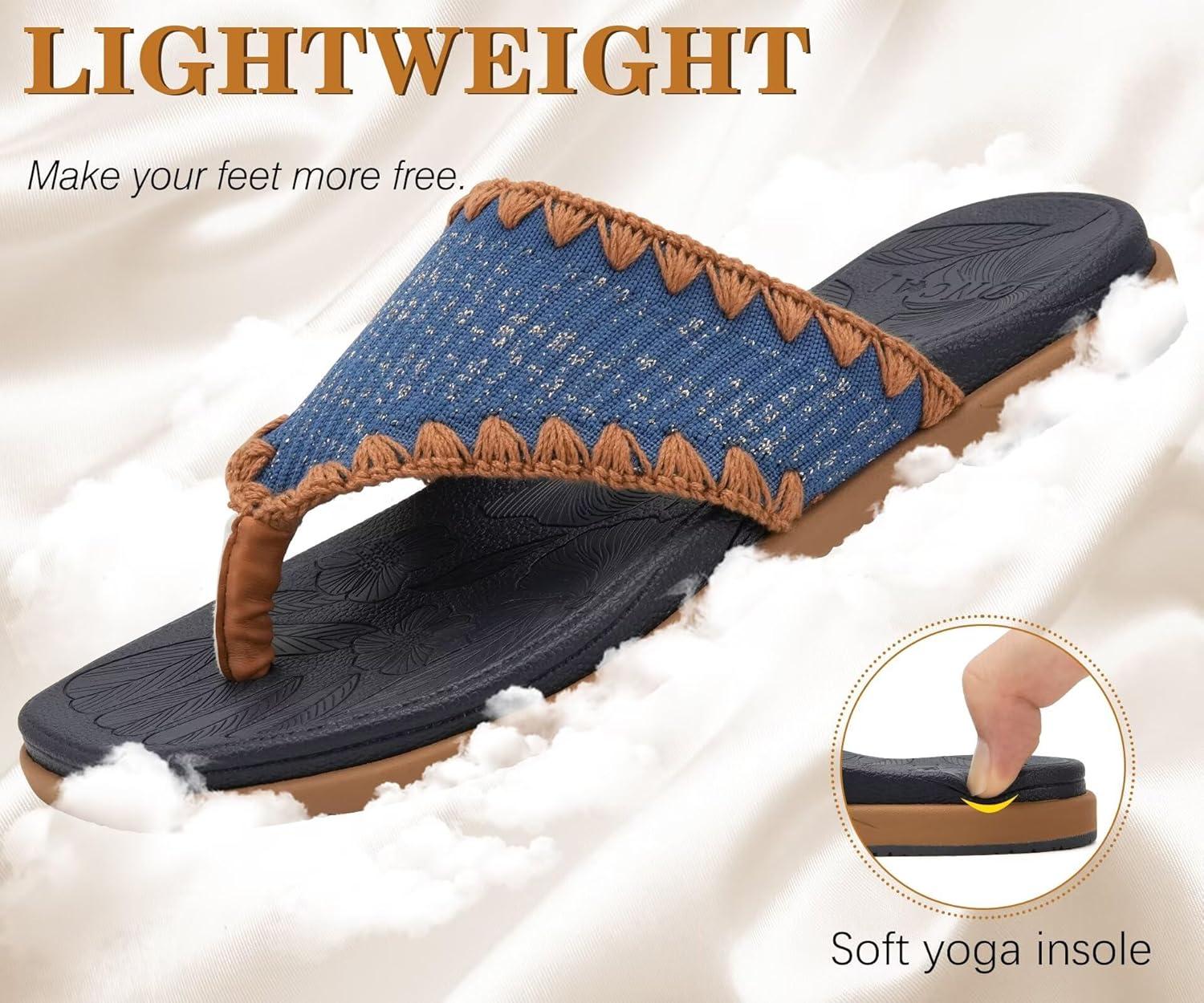 image:imageONCAI Womens Flip Flops Classic Square Toe Yoga Mat Flat Dressy Summer Beach Slide Sandals for Woman Walking Fashion Comfort Ladies Thong Sandal Soft Cushion Rubber Sole Size US 611BlueKhaki
