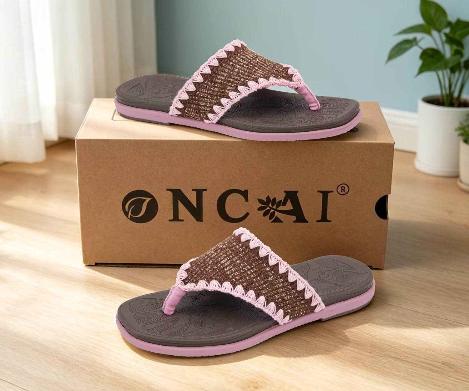image:imageONCAI Womens Flip Flops Classic Square Toe Yoga Mat Flat Dressy Summer Beach Slide Sandals for Woman Walking Fashion Comfort Ladies Thong Sandal Soft Cushion Rubber Sole Size US 611BrownPink