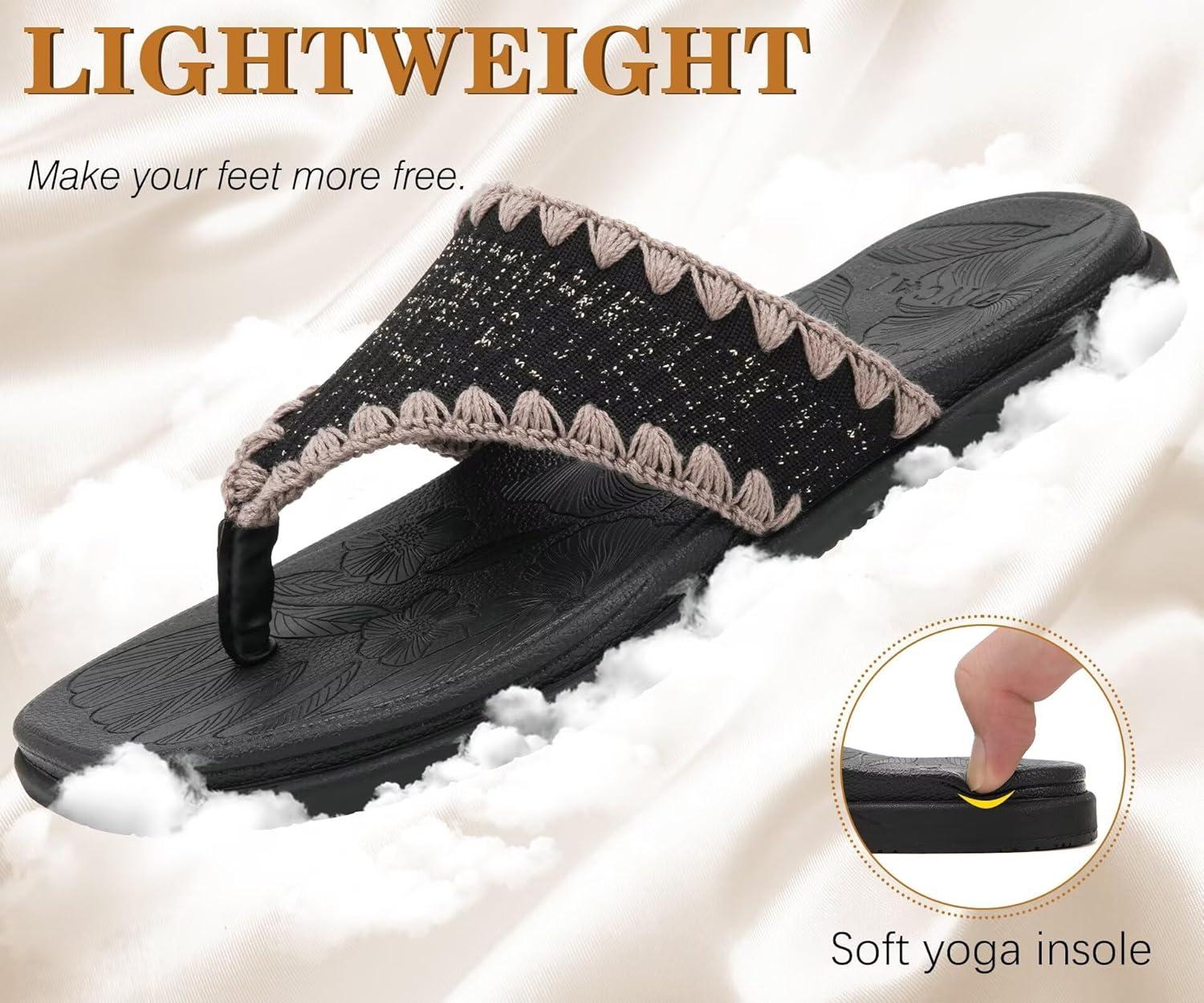 image:imageONCAI Womens Flip Flops Classic Square Toe Yoga Mat Flat Dressy Summer Beach Slide Sandals for Woman Walking Fashion Comfort Ladies Thong Sandal Soft Cushion Rubber Sole Size US 611Black