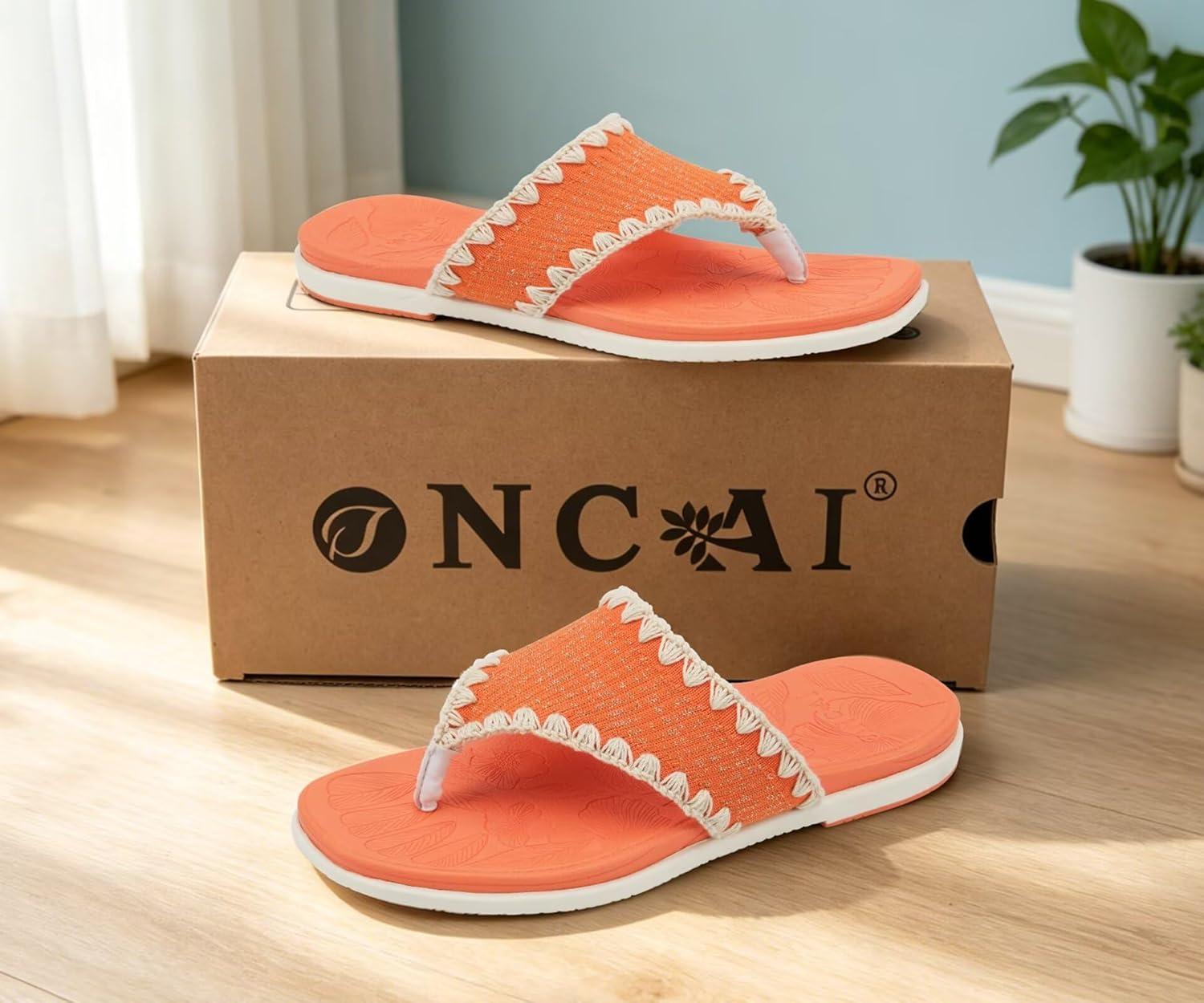 image:imageONCAI Womens Flip Flops Classic Square Toe Yoga Mat Flat Dressy Summer Beach Slide Sandals for Woman Walking Fashion Comfort Ladies Thong Sandal Soft Cushion Rubber Sole Size US 611OrangeWhite