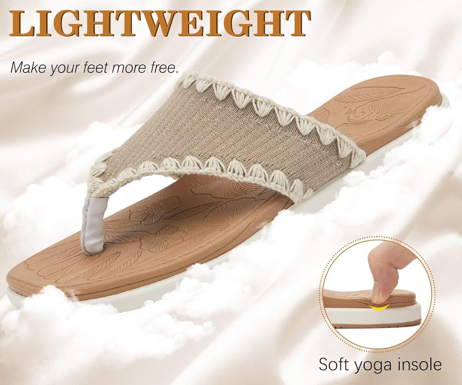 image:imageONCAI Womens Flip Flops Classic Square Toe Yoga Mat Flat Dressy Summer Beach Slide Sandals for Woman Walking Fashion Comfort Ladies Thong Sandal Soft Cushion Rubber Sole Size US 611KhakiWhite