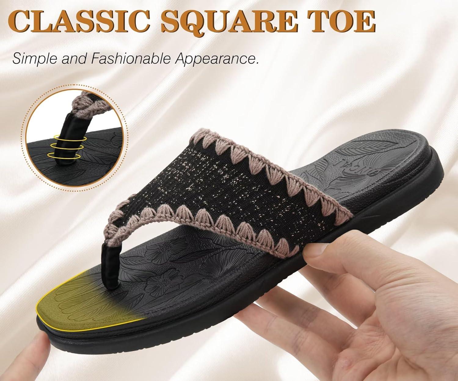 image:imageONCAI Womens Flip Flops Classic Square Toe Yoga Mat Flat Dressy Summer Beach Slide Sandals for Woman Walking Fashion Comfort Ladies Thong Sandal Soft Cushion Rubber Sole Size US 611Black