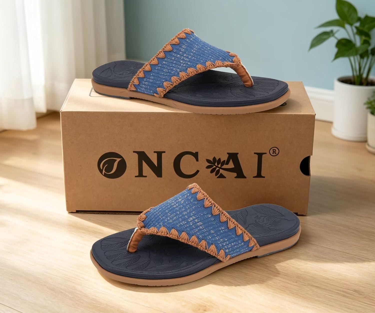 image:imageONCAI Womens Flip Flops Classic Square Toe Yoga Mat Flat Dressy Summer Beach Slide Sandals for Woman Walking Fashion Comfort Ladies Thong Sandal Soft Cushion Rubber Sole Size US 611BlueKhaki
