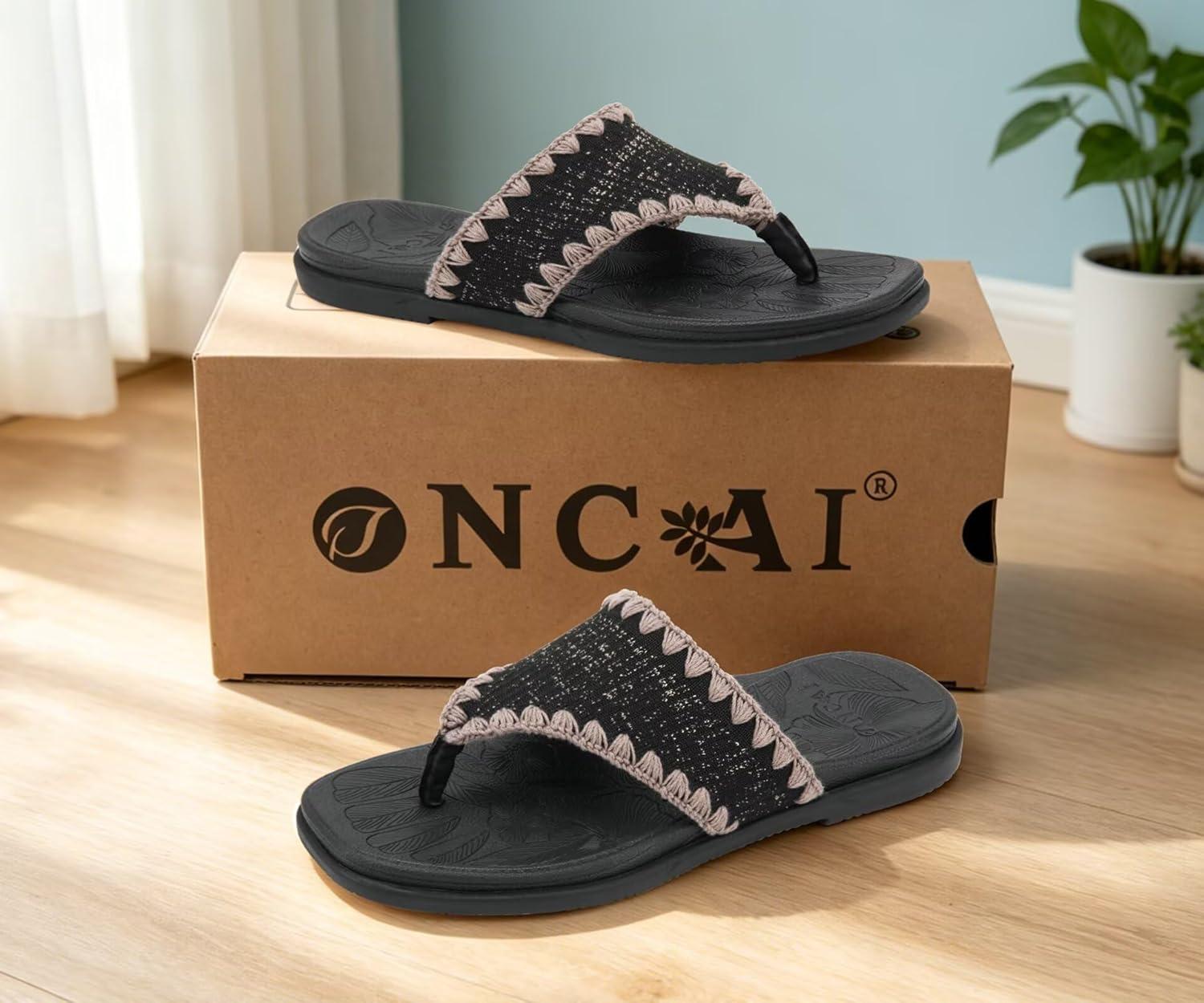 image:imageONCAI Womens Flip Flops Classic Square Toe Yoga Mat Flat Dressy Summer Beach Slide Sandals for Woman Walking Fashion Comfort Ladies Thong Sandal Soft Cushion Rubber Sole Size US 611Black