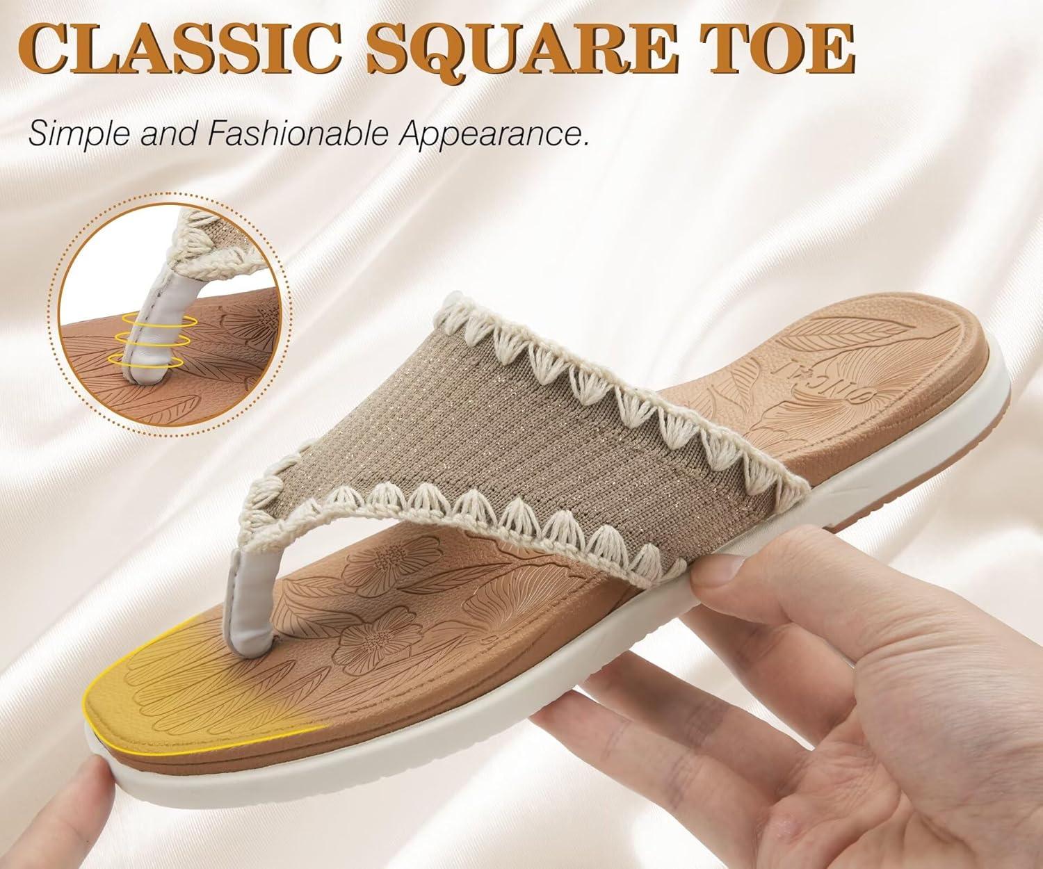 image:imageONCAI Womens Flip Flops Classic Square Toe Yoga Mat Flat Dressy Summer Beach Slide Sandals for Woman Walking Fashion Comfort Ladies Thong Sandal Soft Cushion Rubber Sole Size US 611KhakiWhite