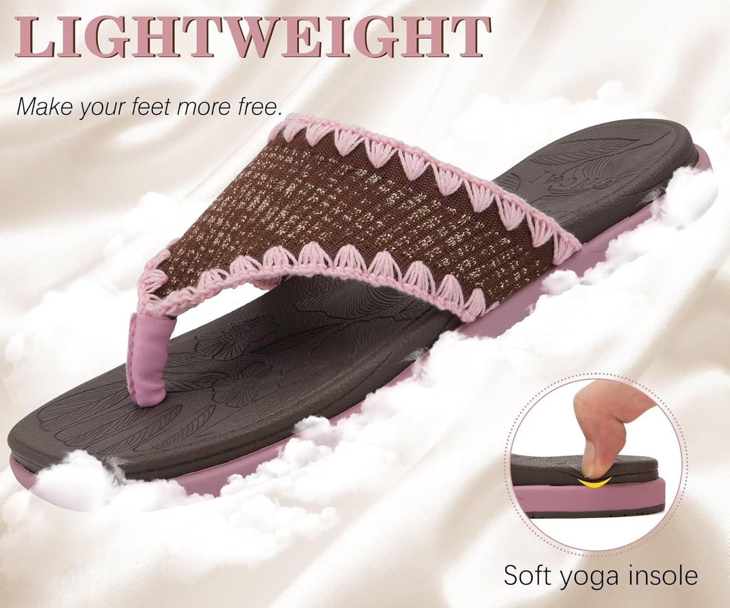 image:imageONCAI Womens Flip Flops Classic Square Toe Yoga Mat Flat Dressy Summer Beach Slide Sandals for Woman Walking Fashion Comfort Ladies Thong Sandal Soft Cushion Rubber Sole Size US 611BrownPink