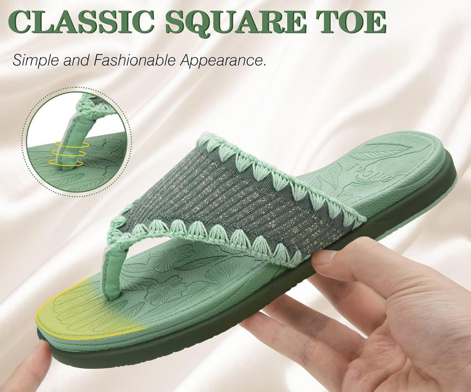 image:imageONCAI Womens Flip Flops Classic Square Toe Yoga Mat Flat Dressy Summer Beach Slide Sandals for Woman Walking Fashion Comfort Ladies Thong Sandal Soft Cushion Rubber Sole Size US 611Green