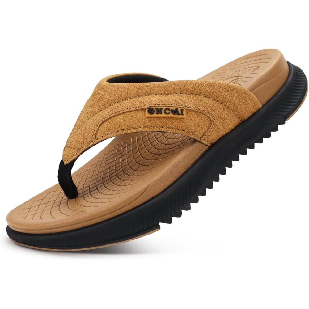 image:imageONCAI Mens Orthopedic Flip Flops with Arch Support Summer Beach Pool Walking Sandals with Outdoor Yoga Mat Nonslip Cushion Thick Rubber Soles Size 714Khaki