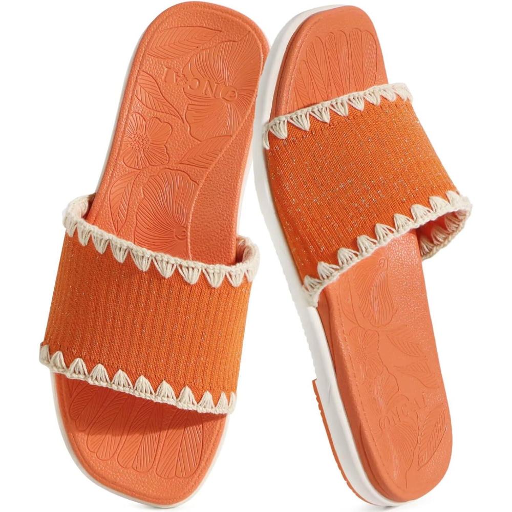 image:imageONCAI Womens Flat Slides Sandals Soft Knitted with Golden Thread Inlay Summer Vacation Walking Sandalias Mujer with Outdoor Rubber Soles US Size 611Carrot OrangeWhite